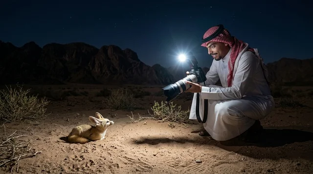A Saudi photographer in traditional attire in the mountains at sunset.
