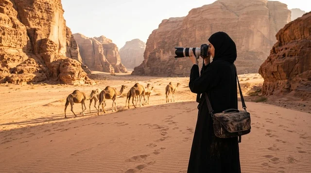 مصورة سعودية بالعباءة تلتقط صوراً للجمال في الصحراء