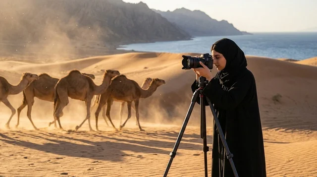 مصورة سعودية بالعباءة تلتقط صوراً للجمال في الصحراء
