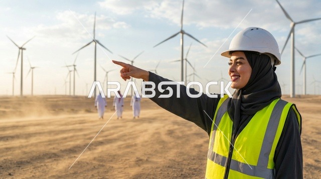 Arab Female Engineer pointing at Desert Wind Turbines