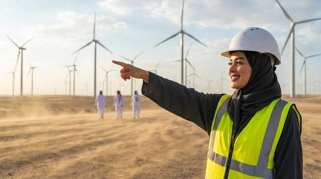 مهندسة عربية تشير إلى توربينات الرياح في الصحراء