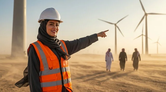 مهندسة سعودية في حقل توربينات طاقة الرياح بالصحراء