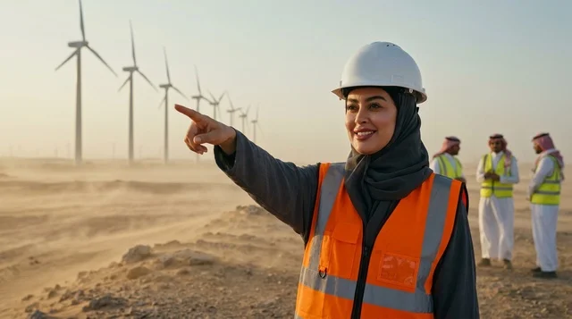 مهندسة سعودية في حقل توربينات طاقة الرياح بالصحراء