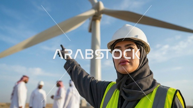 مهندسة سعودية تشير إلى توربينات الرياح في موقع العمل