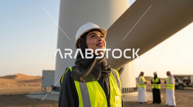 مهندسة سعودية عند توربينات الرياح في الصحراء