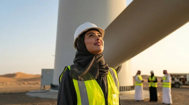 مهندسة سعودية عند توربينات الرياح في الصحراء