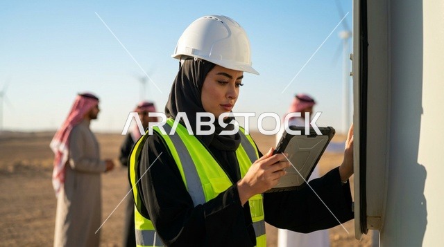 Saudi Female Engineer Using Tablet at Wind Farm Plant