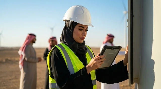 مهندسة سعودية تستخدم الجهاز اللوحي في محطة طاقة الرياح
