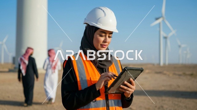 Saudi Female Engineer with Tablet at Wind Energy Farm