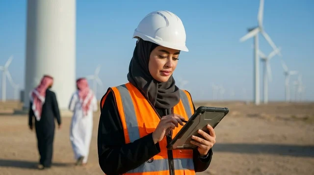 مهندسة سعودية تستخدم جهاز لوحي في محطة طاقة الرياح