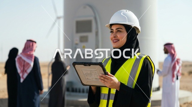 مهندسة سعودية تحمل جهاز لوحي في موقع توربينات الرياح