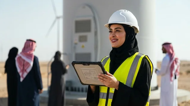 مهندسة سعودية تحمل جهاز لوحي في موقع توربينات الرياح