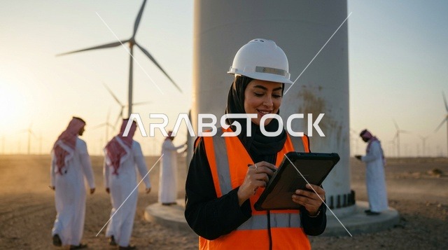 مهندسة سعودية في محطة طاقة الرياح تستخدم جهاز لوحي