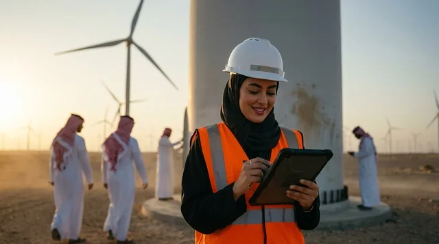 مهندسة سعودية في محطة طاقة الرياح تستخدم جهاز لوحي