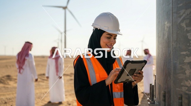 Arab Female Engineer at Wind Turbine Farm with Tablet