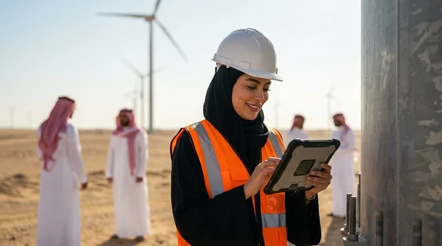 Arab Female Engineer at Wind Turbine Farm with Tablet