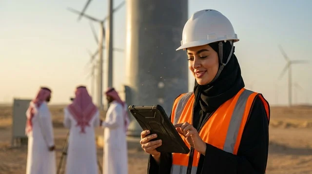 Saudi Female Engineer at Wind Turbine Energy Farm