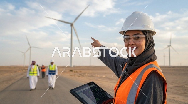مهندسة سعودية في حقل توربينات الرياح بالصحراء