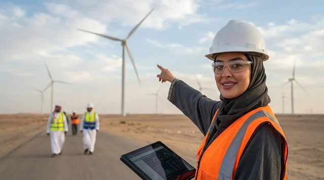 Saudi Female Engineer at Desert Wind Turbine Farm