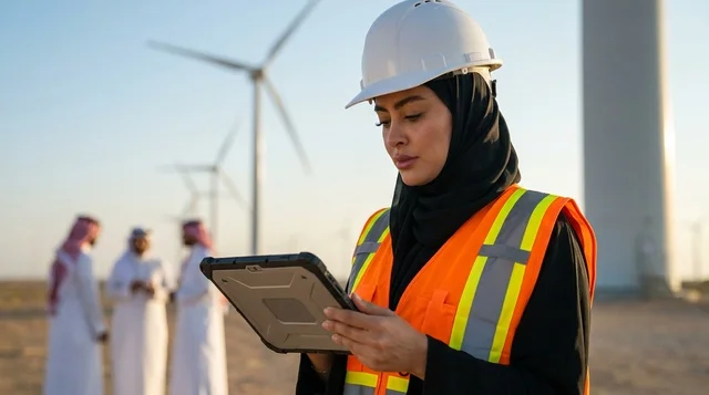 Saudi Female Engineer in Hijab at Wind Turbine Farm