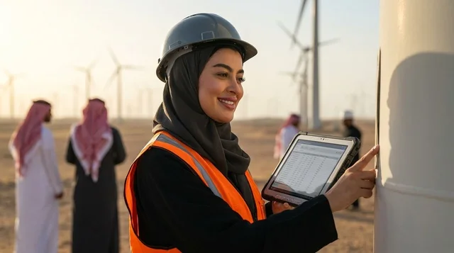 Saudi Female Engineer at Wind Turbine Energy Station