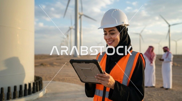 مهندسة سعودية في محطة طاقة الرياح تستخدم جهاز لوحي