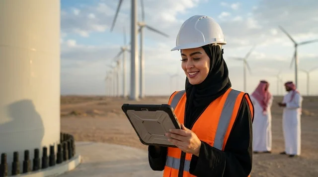 مهندسة سعودية في محطة طاقة الرياح تستخدم جهاز لوحي