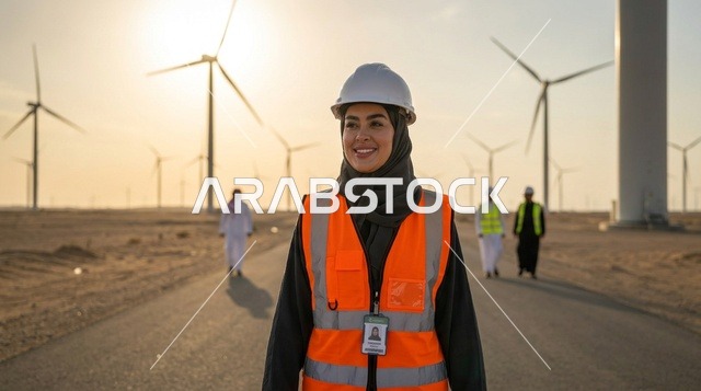 A Saudi engineer in a wind turbine field in the desert.