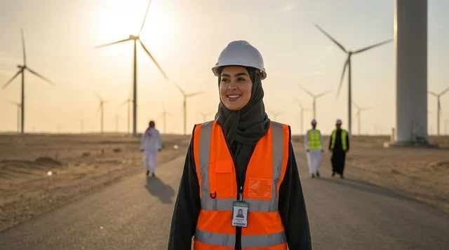 مهندسة سعودية في حقل توربينات طاقة الرياح بالصحراء