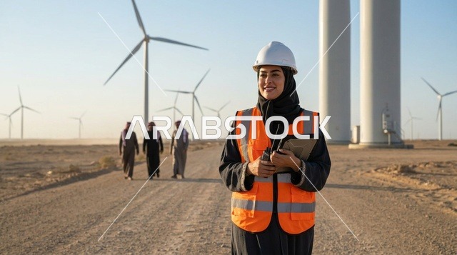 مهندسة سعودية ترتدي خوذة السلامة في محطة طاقة الرياح