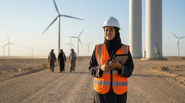 مهندسة سعودية ترتدي خوذة السلامة في محطة طاقة الرياح