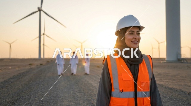 مهندسة سعودية في محطة طاقة الرياح عند الغروب