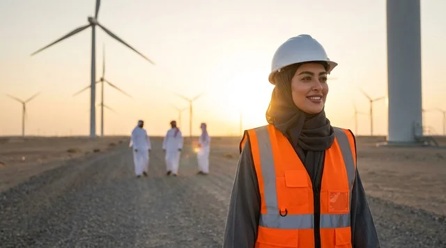 Saudi Female Engineer at Wind Turbine Farm Sunset