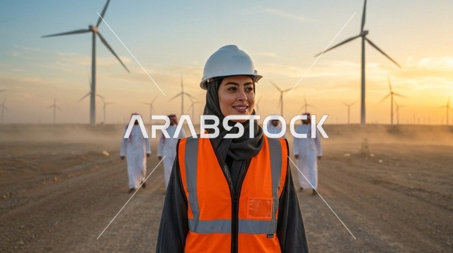مهندسة سعودية في محطة طاقة الرياح بالصحراء وقت الغروب