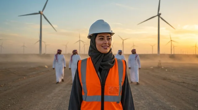 مهندسة سعودية في محطة طاقة الرياح بالصحراء وقت الغروب