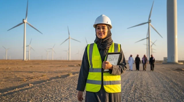 Saudi Female Engineer at Wind Turbine Farm in Desert