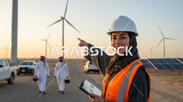 مهندسة سعودية في حقل توربينات الرياح وقت الغروب