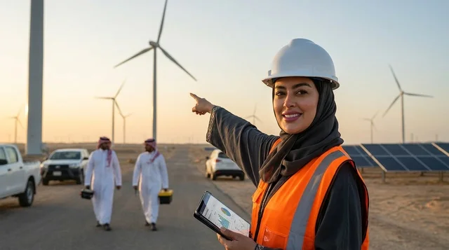 Saudi Female Engineer at Wind Turbine Field Sunset