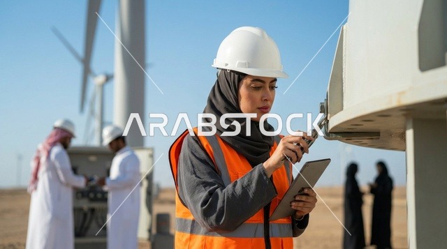 مهندسة سعودية ترتدي خوذة في محطة توربينات الرياح