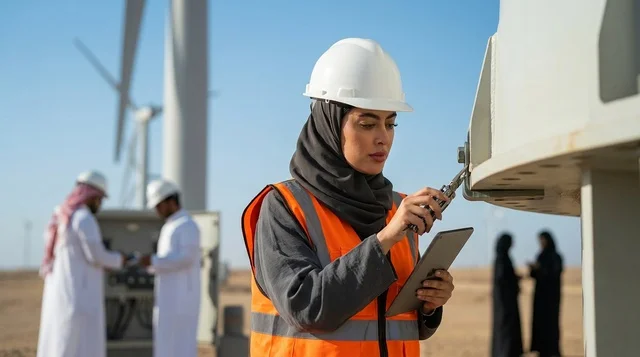 مهندسة سعودية ترتدي خوذة في محطة توربينات الرياح
