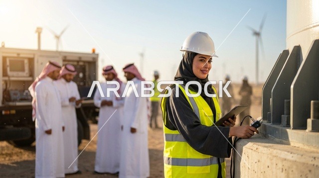 مهندسة سعودية تعمل في محطة توربينات الرياح بالصحراء