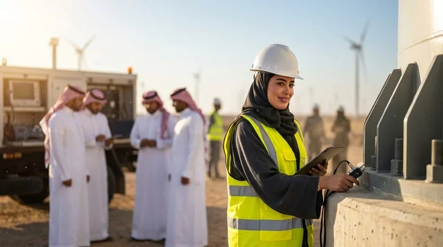 مهندسة سعودية تعمل في محطة توربينات الرياح بالصحراء
