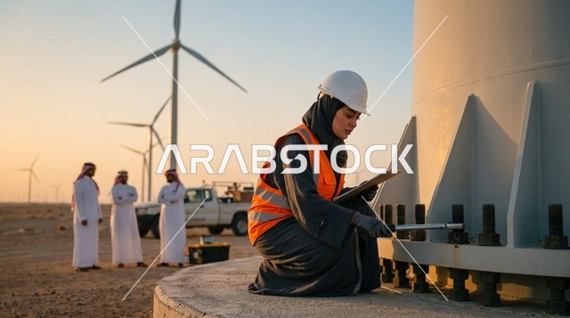Saudi Female Engineer Inspecting Wind Turbine at Sunset