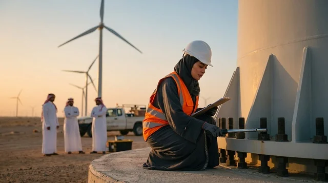 مهندسة سعودية تفحص توربين رياح بالصحراء وقت الغروب