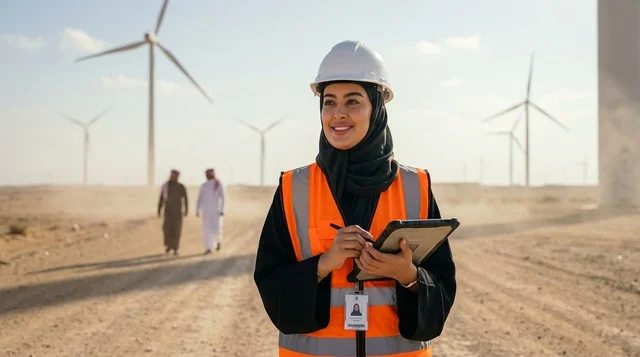 مهندسة سعودية في موقع مشروع محطة طاقة الرياح بالصحراء