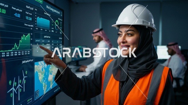 مهندسة سعودية ترتدي خوذة وتشير إلى شاشة طاقة الرياح