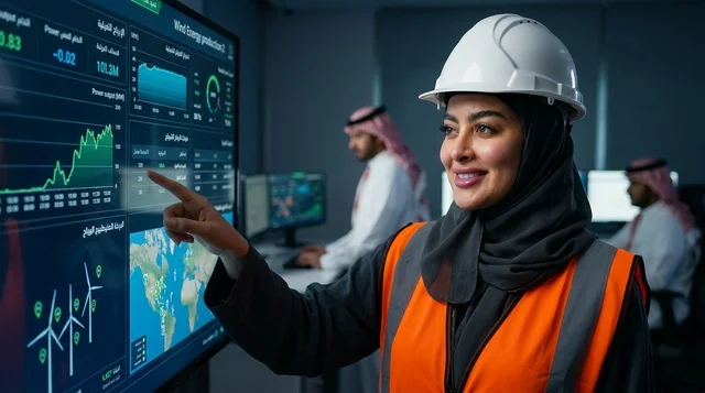 Saudi Female Engineer in Control Room pointing at Screen
