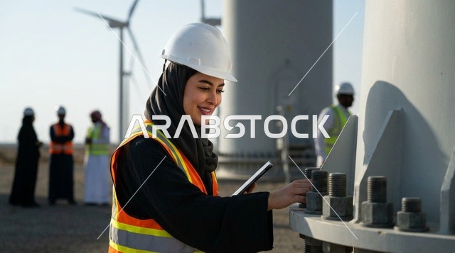 Female Saudi Engineer Inspecting Wind Turbine Site