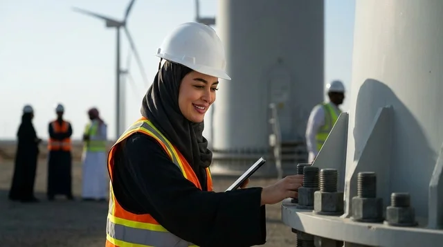 مهندسة سعودية تفحص توربينات الرياح في موقع العمل