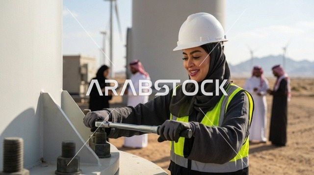مهندسة سعودية ترتدي خوذة الأمان في محطة طاقة الرياح